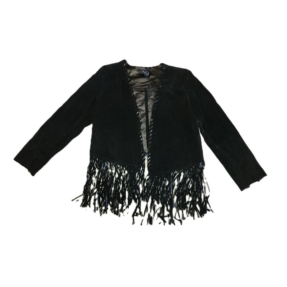 Genuine Black Leather Fringe Suede Bolero Jacket Chi by Falchi Vintage Sz L